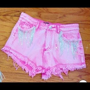 Pink Rhinestone Fringe Shorts